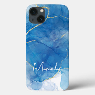 Case-Mate iPhone Case Bleu et blanc Agate Marbre Nom Abstrait Monogramme