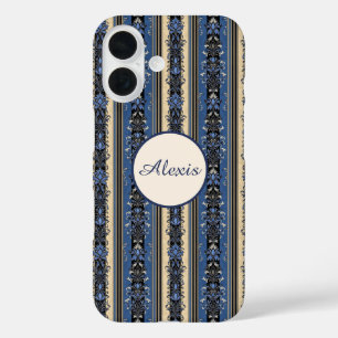 Coques iPhone 16 Bleu et or Damas rayures