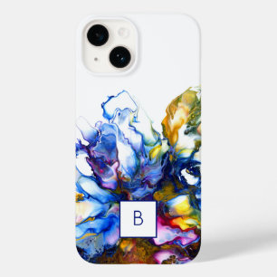 Coque Pour iPhone 14 Bleu foncé Abstrait Fluid Art Monogrammé Coque-Mat