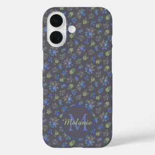 Coques iPhone 16 Bleu foncé Joli motif floral Personnalisé
