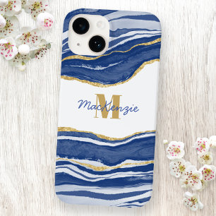 Coque Pour iPhone 14 Bleu Marbre Agate Or Parties scintillant Monogramm