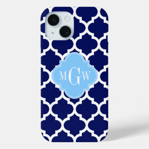 Coque Pour iPhone 15 Bleu marine blanc Marocain #5 Bleu ciel Nom Monogr