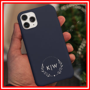 Coques iPhone 16 Pro Max Bleu marine et blanc Monogramme initiales modern