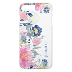 Coques Pour iPhone Bleu marine et fleurs roses d'aquarelle