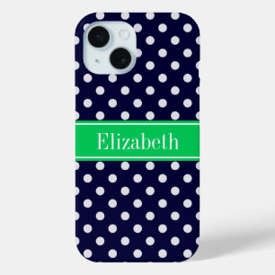 Coque Pour iPhone 15 Bleu Marine Points Blancs Vert Émeraude Monogramme