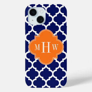 Coque Pour iPhone 15 Bleu marine Wt Chevron Citrouille Quatrefoil 3 Mon