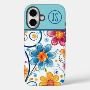 Coques iPhone 16 Bleu Mod, Rose, Fleurs Jaunes Monogrammes
