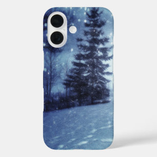 Coques iPhone 16 Bleu Moonlit Forêt magique Scène d'hiver