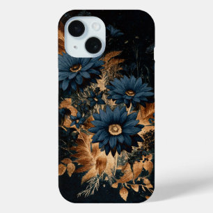 Coque Pour iPhone 15 Bleu Nuit Foncé & Or Rustique Floral Glam Bohème 