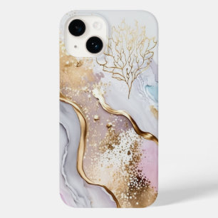 Coque Pour iPhone 14 Bleu or et marbre pourpre