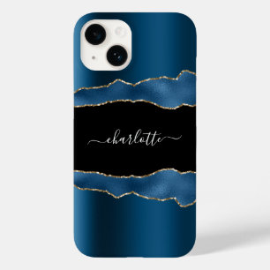 Coque Pour iPhone 14 Bleu or noir agate marbre nom script