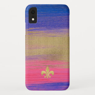 Case-Mate iPhone Case Bleu, PInk, Toile peinte en or avec Fleur de lis