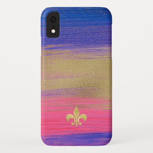 Coques Case-Mate iPhone Bleu, PInk, Toile peinte en or avec Fleur de lis (Dos)