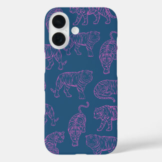 Coques iPhone 16 Bleu profond avec tigres roses