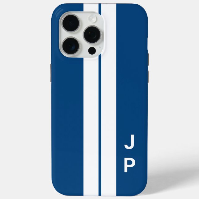 Coques Case-Mate iPhone Bleu Racing Stripes Minimal Initiales Monogramme (Verso)