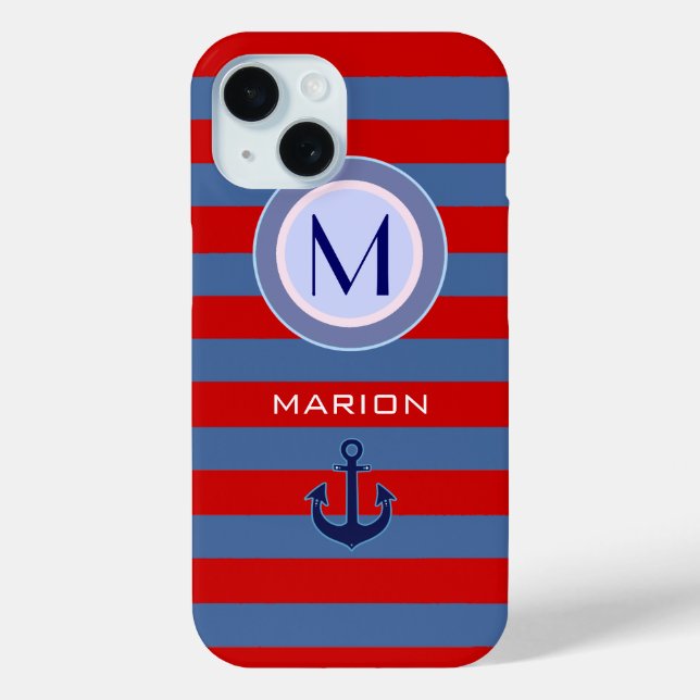 Coques Case-Mate iPhone Bleu&rouge Grandes et Ancre Monogramme (Verso)