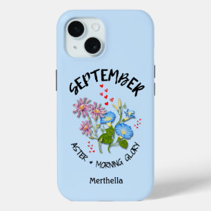 Coque Pour iPhone 15 Bleu SEPTEMBRE Mois de naissance Fleur Nom personn