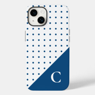 Coque Pour iPhone 14 Bleu sur blanc Polka Motif Monogramme