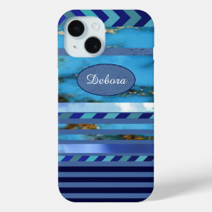 Coque Pour iPhone 15 bleu turquoise patise of stripes & name