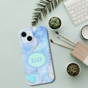 Coque Pour iPhone 15 Bleu Vert Argent Paillettes Marbre Tourbillon Mono