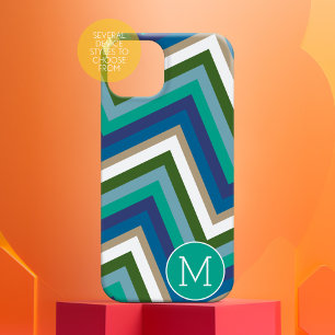 Coques iPhone 16 Bleu Vert Chevron Motif simple Monogramme