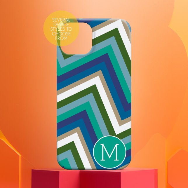 Coques Case-Mate iPhone Bleu Vert Chevron Motif simple Monogramme (Personalized phone case)