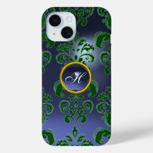 COQUE POUR iPhone 15 BLEU VERT DAMASK MONOGRAMME EN PIERRE DE GEMME