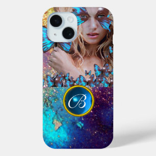 COQUE POUR iPhone 15 BLEUE BÂTIMENT LADY, TURQUOISE GOLD SPARKLE GEM MO