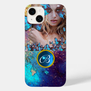 COQUE POUR iPhone 14 BLEUE BÂTIMENT LADY, TURQUOISE GOLD SPARKLE GEM MO