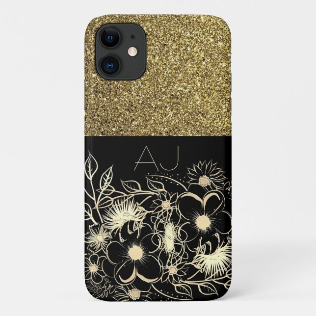 Coques Case-Mate iPhone Bling Bling Parties scintillant or Fleurs noires L (Dos)