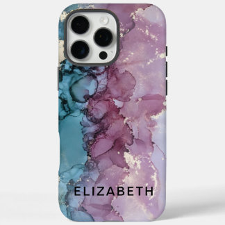 Coques iPhone 16 Pro Max blue and dusty pink gold marble  personalized 