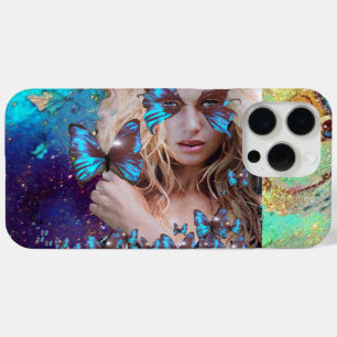 COQUE iPhone 15 PRO MAX BLUE BUTTERFLY WITH GREEN GOLD SPARKLES