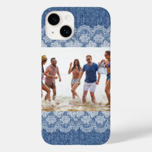 Coque Pour iPhone 14 Blue denim blanc dentelle photo amis famille