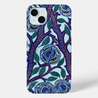 Coque iPhone 15 Mini Blue Floral Art Déco Imprimer Reproduction par Seg