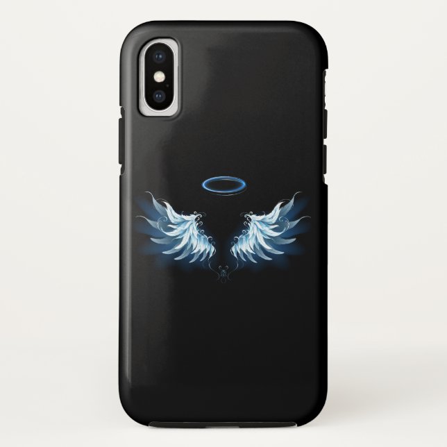 Coques Case-Mate iPhone Blue Glowing Angel Wings on black background (Dos)
