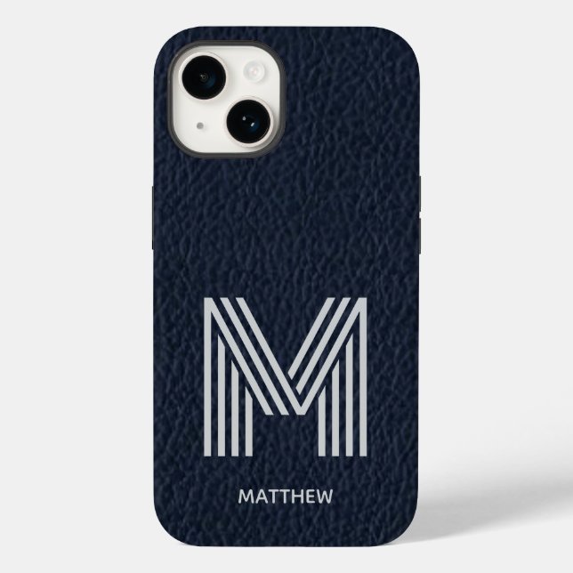 Coques Case-Mate iPhone Blue Leather Bold Monogram Masculine I Phone case (Verso)