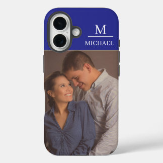 Coques iPhone 16 Blue One Photo with Name and Initial 