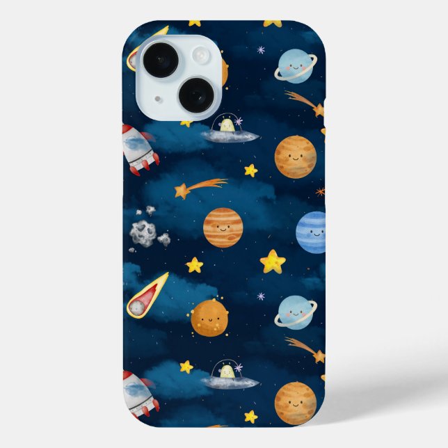 Coques Case-Mate iPhone Blue Outer Space Planets Seamless Pattern (Verso)