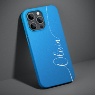 Coque Pour iPhone 14 Blue Shimmer White Élégante Calligraphie Nom du sc