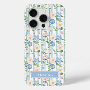 Coque iPhone 15 Pro Blush Fleurs Aquarelle Rayures Personnalisées