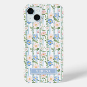 Coque iPhone 15 Mini Blush Fleurs Aquarelle Rayures Personnalisées