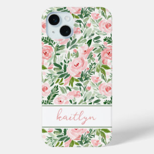 Coque iPhone 15 Mini Blush Floral Élégant Aquarelle Personnalisé