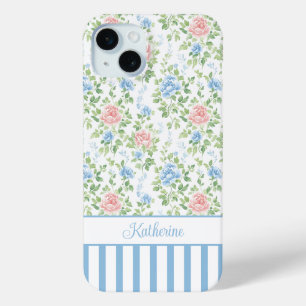 Coque iPhone 15 Mini Blush Monogramme Floral Aquarelle Bleu