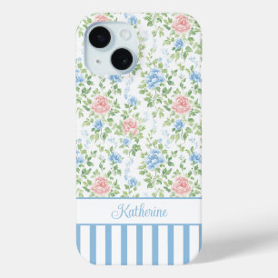 Coque Pour iPhone 15 Blush Monogramme Floral Aquarelle Bleu
