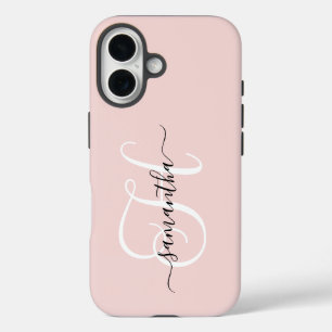Coques iPhone 16 Blush Noir et Blanc Élégant Monogramme