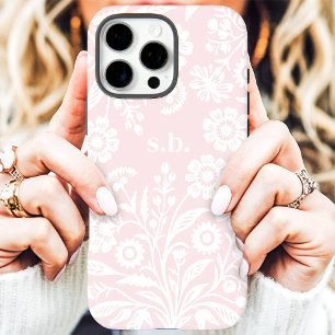Coques iPhone 16 Pro Max Blush rose floral monogramme rétro à fleurs