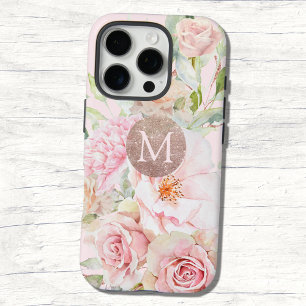 Coques iPhone 16 Pro Blush Rose Gold Floral Monogrammé 