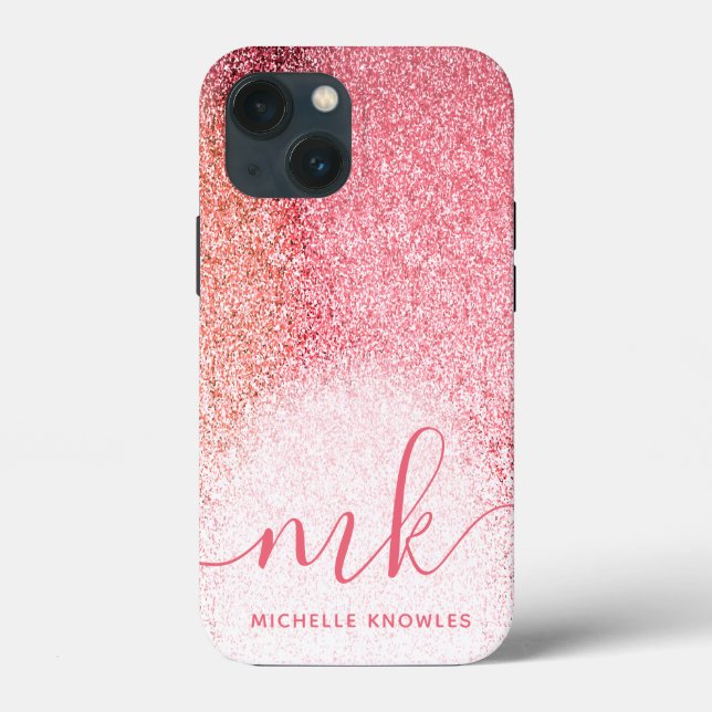 Coques Case-Mate iPhone Blush Rose Gold Pailleté Monogramme Script (Verso)