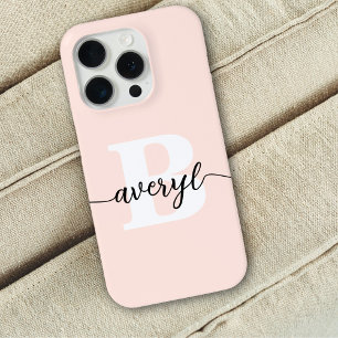 Coque iPhone 15 Pro Blush Rose Monogramme Féminin Nom Monogrammé