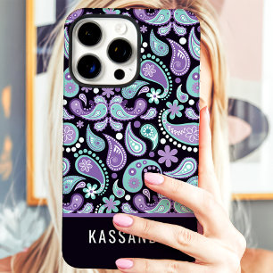 Coques iPhone 16 Pro Max Bohemian Paisley Purple Nom Personnalisé